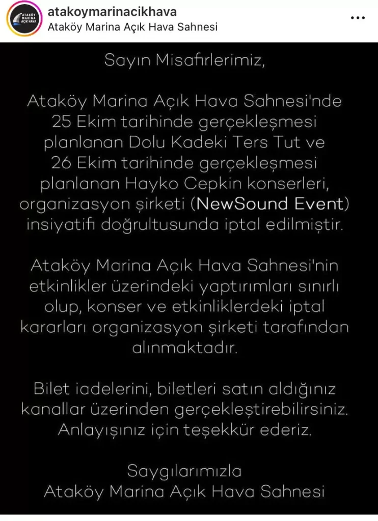 Ataköy Marina Açık Hava Sahnesi’nde Şok İptaller: Hayko Cepkin’den Sert Tepki!