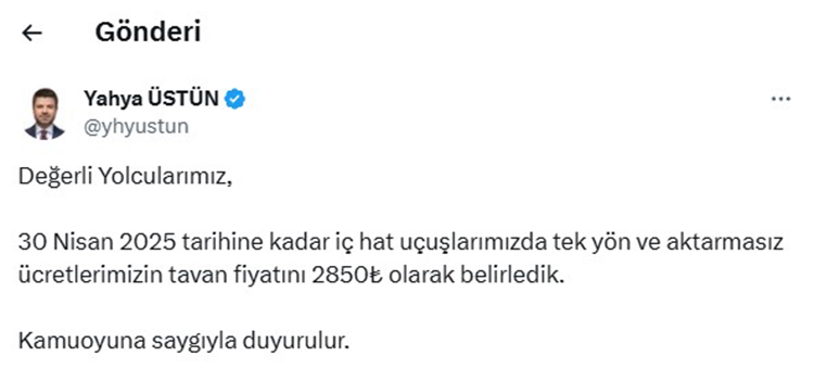 Uçak Bilet Ücretlerine Tavan Fiyat Düzenlemesi: THY, AJET Ve Pegasus Açıklama Yaptı
