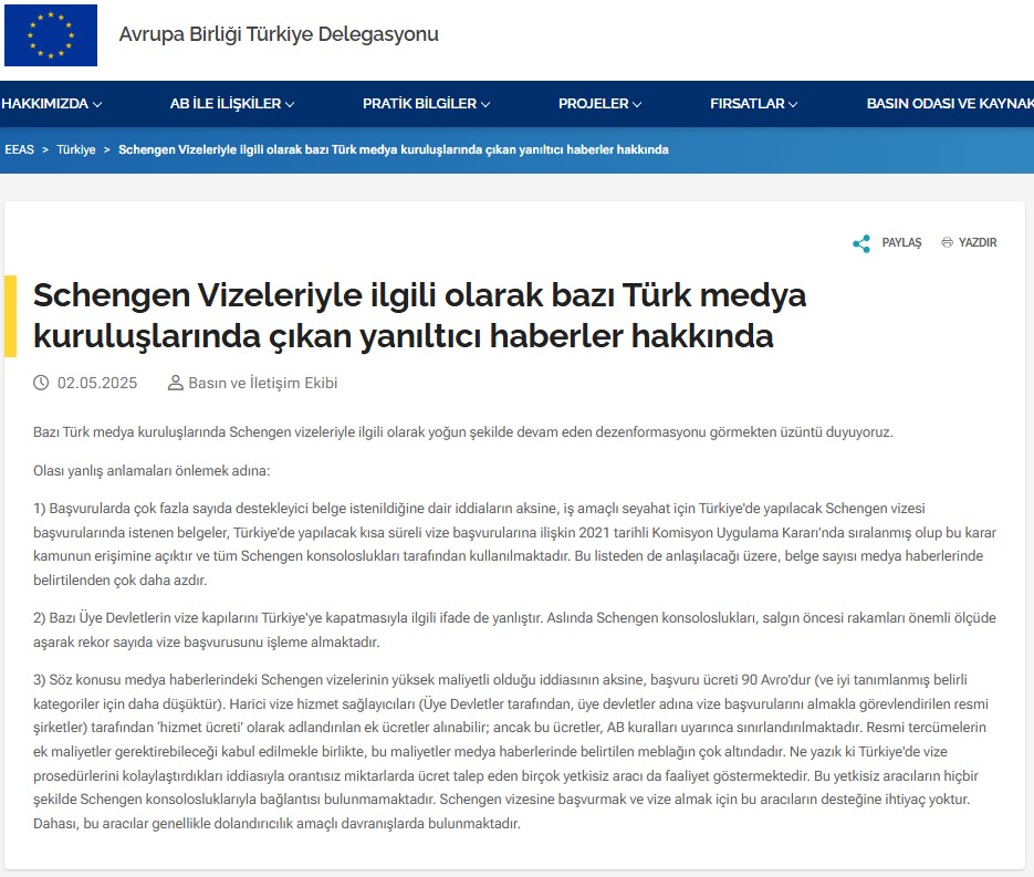 Avrupa Birliği Türkiye Delegasyonu’ndan Türk Vatandaşlarına Schengen Vizesi Hakkında Açıklama