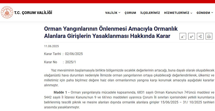 Çorum’da Ormanlık Alanlara Giriş Yasaklandı – Çorum’da Ormana Giriş Yasak Mı?