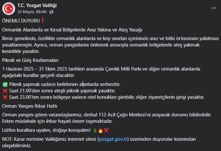 Yozgat’ta Ormanlık Alanlara Giriş Yasaklandı – Yozgat’ta Ormana Giriş Yasak Mı?