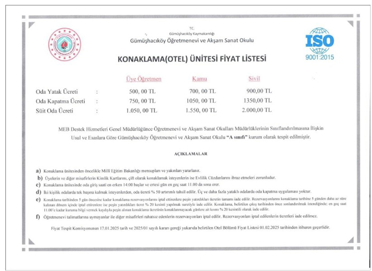 Amasya Öğretmenevleri 2025 Konaklama Fiyatları Ve İletişim Bilgileri