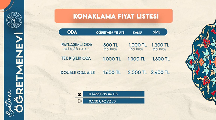 Batman Öğretmenevleri 2025 Konaklama Fiyatları Ve İletişim Bilgileri