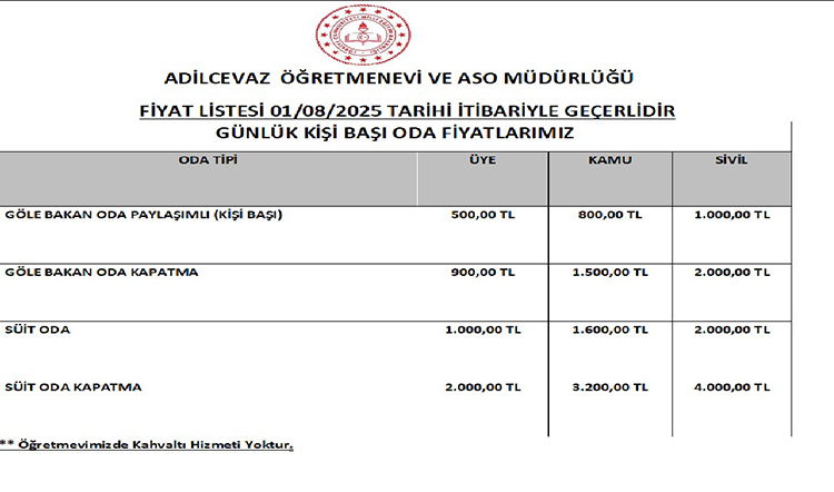 Bitlis Öğretmenevleri 2025 Konaklama Fiyatları Ve İletişim Bilgileri