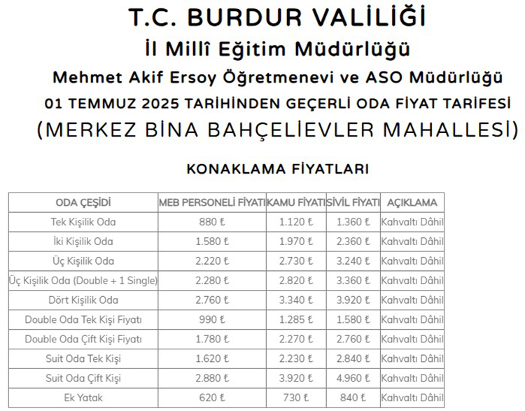 Burdur Öğretmenevleri 2025 Konaklama Fiyatları Ve İletişim Bilgileri