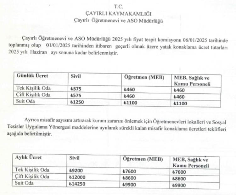 Erzincan Öğretmenevleri 2025 Konaklama Fiyatları Ve İletişim Bilgileri