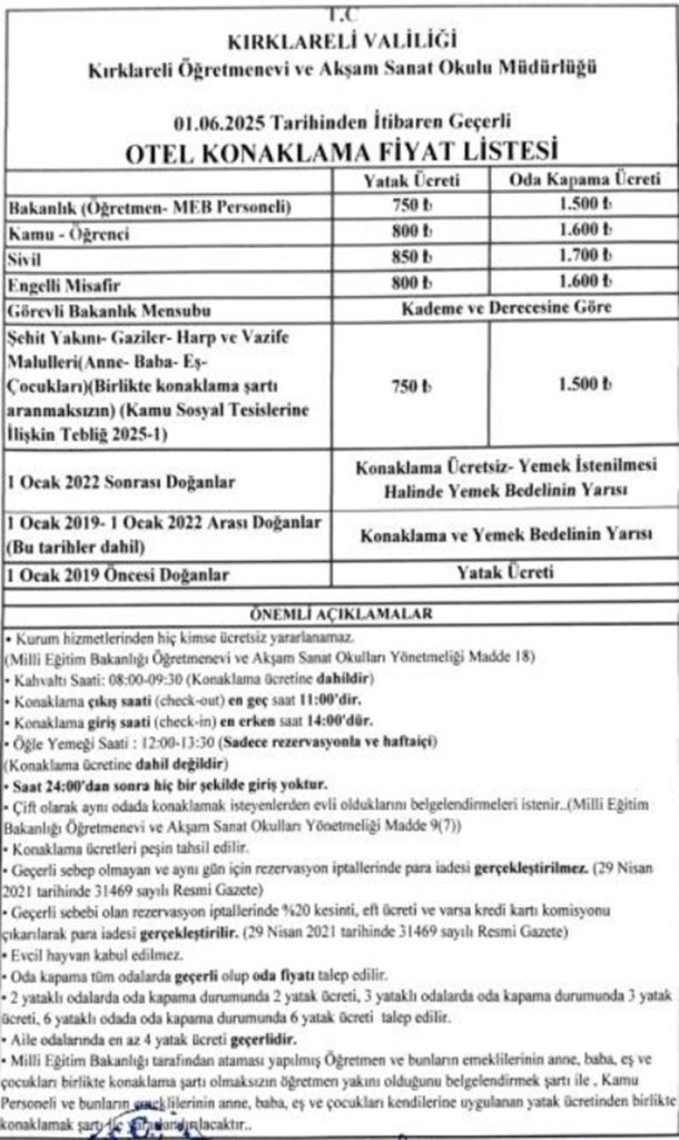 Kırklareli Öğretmenevleri 2025 Konaklama Fiyatları Ve İletişim Bilgileri