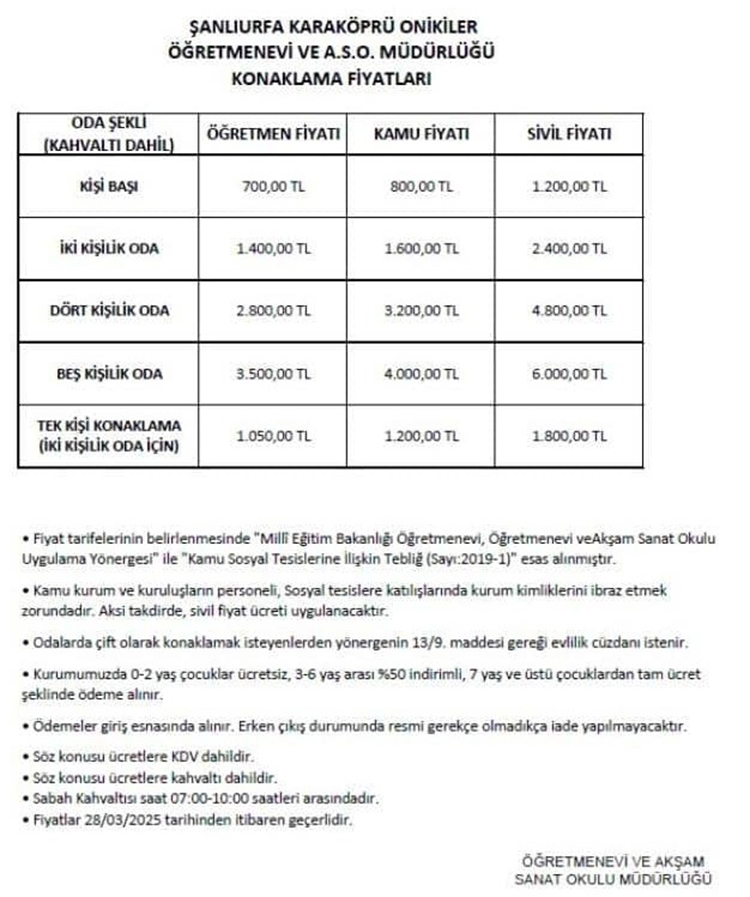 Şanlıurfa Öğretmenevleri 2025 Konaklama Fiyatları Ve İletişim Bilgileri