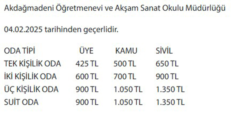 Yozgat Öğretmenevleri 2025 Konaklama Fiyatları Ve İletişim Bilgileri
